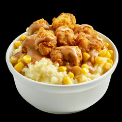 Hearty chicken bites meal with mashed potatoes and corn isolated on transparent background