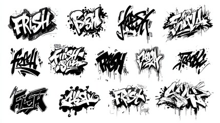 Naklejka premium Urban graffiti elements. Spray graphics street drawing, pen doodle texture art. Isolated black fashion paint lettering, funky painted writing neoteric vector set, no logos, no brands