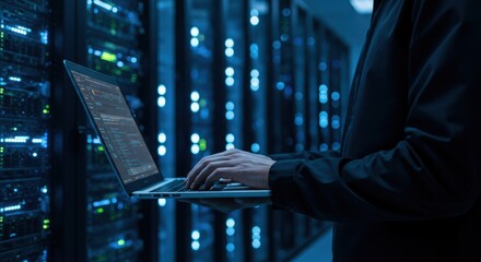 It professional works on a laptop in a dimly lit server room filled with glowing blue and green lights