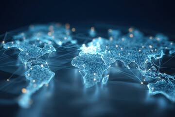 Global connectivity represented by a digital world map on a light blue background showcasing interconnected networks and data points