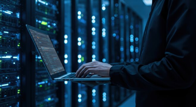 It professional works on a laptop in a dimly lit server room filled with glowing blue and green lights