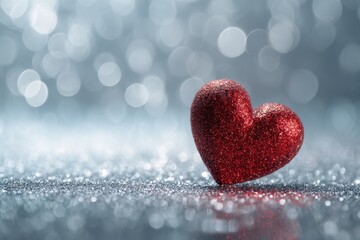 Obraz premium Red heart on a sparkling glitter background lit by soft light creates a charming romantic atmosphere perfect for celebrations or decorative occasions