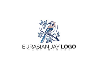 Fototapeta premium Blue Eurasian Jay Logo Design in Clean Vector Format. Perfect for Eco-Friendly Branding, Forest Tours, Bird Symbol Merchandise, and Stylish Wildlife Label and Logo Identity.