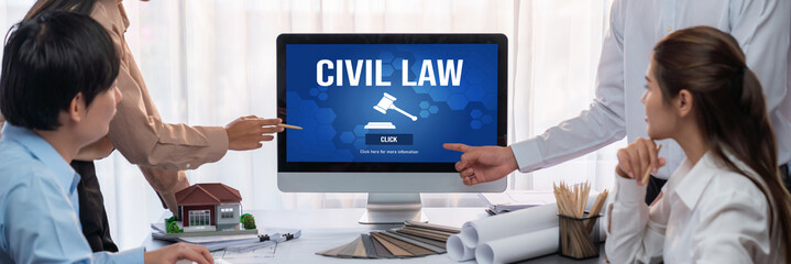 Civil law brisk information showing on computer screen for Common Justice Legal Regulation Rights...