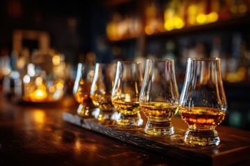 Tasting flight of whiskey glasses elegantly arranged on a wooden board in a cozy bar setting during the evening