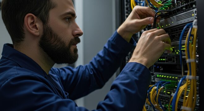 Focused it technician meticulously connecting cables to a server rack filled with blinking green lights in a data center