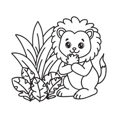 line art cute lion walking in forest kids for colouring page