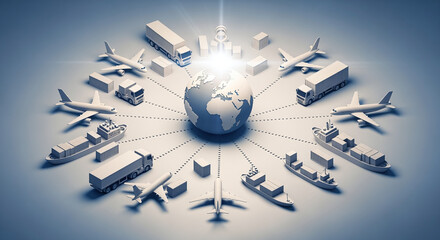 3D globe with global transportation and logistics elements