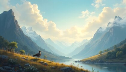 Bird on grassy hillside by serene mountain lake, suitable for nature, wildlife, landscape, relaxation, travel, inspiration themes.