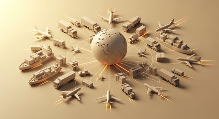 3D globe with global transportation and logistics elements
