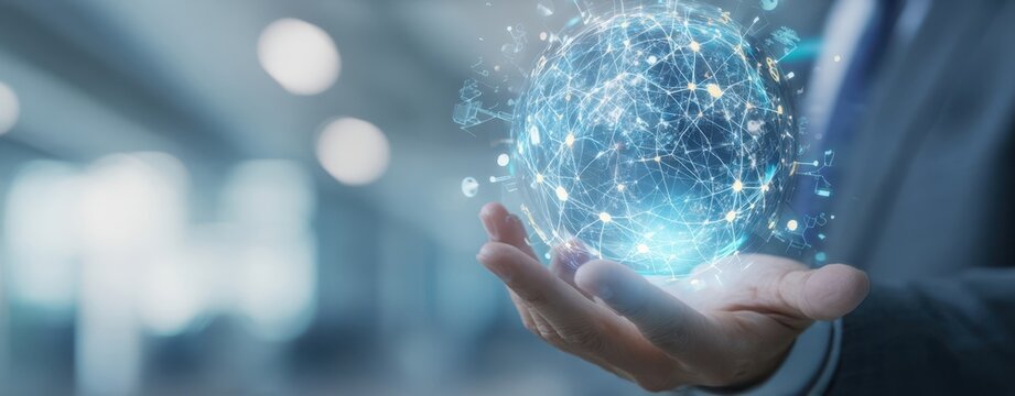 The hand holding a glowing globe representing digital connectivity and global technology.