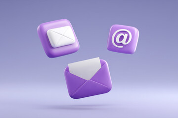 Digital 3D purple email icons on light purple background, modern technology
