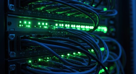 Intricate network of blue cables connected to server racks with glowing green status lights in a data center