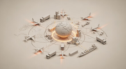 3D globe with global transportation and logistics elements