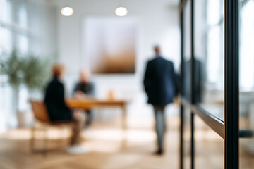 Business meeting in modern office room, blurry vision focus with walking people in office hallway