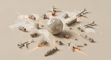 3D globe with global transportation and logistics elements