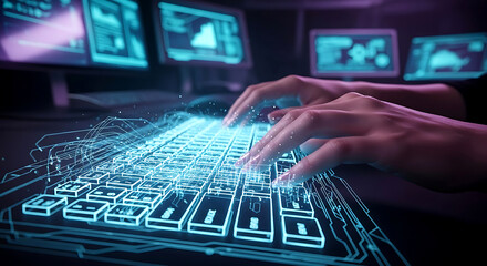 Typing on Glowing Keyboard: Data Processing, Information Flow, Cyber Security, and Futuristic Technology Concept.