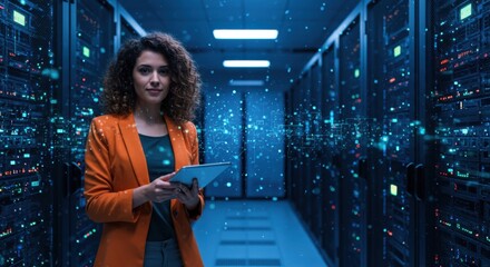 Woman in orange jacket holds tablet in data center with glowing blue digital network overlays