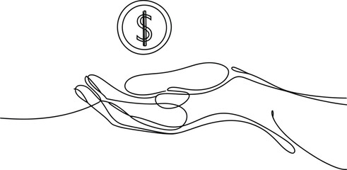 Minimal One Line Drawing of Hands Holding a Dollar Coin – Concept of Finance, Donation, or Investment