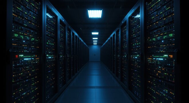 A long dark server room corridor illuminated by blue lights and glowing server racks with many blinking indicator lights