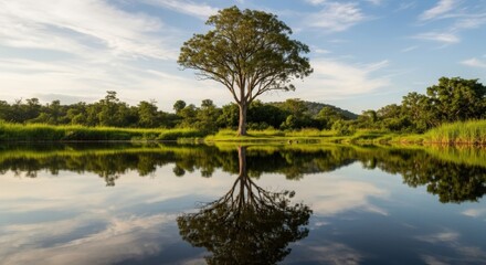 Solitary tree reflected in calm water with lush green banks and blue sky reflection nature