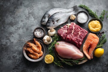 A carnivore diet setup with raw ingredients like meat, poultry, and seafood, set against a gray stone background to emphasize the zero-carb approach.