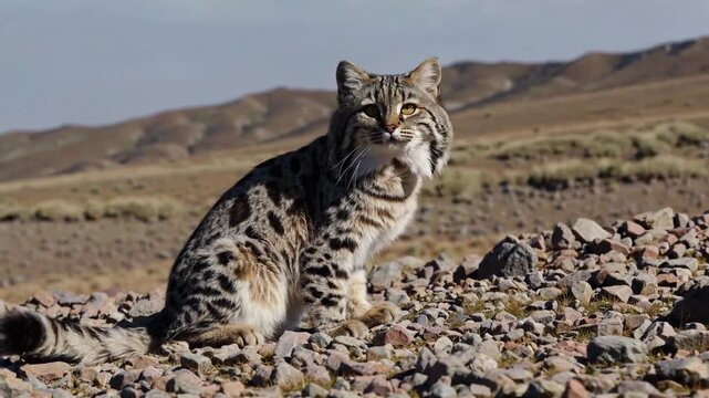 Andean Mountain Cat (or pallas cat) in its rocky habitat. The cat has grey fur with dark spots and stripes, blending into the arid, rocky mountain terrain.
