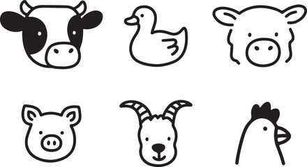 Obraz premium Collection of six cute farm animal faces including a cow duck pig goat and chicken isolated on transparent background