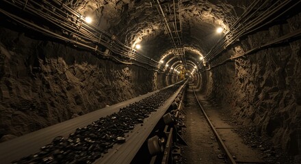 Underground Tunnel with Railway Tracks Inside a Mining or Industrial Cave