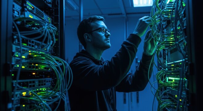 Technician diligently works with glowing green cables amidst a dark server room filled with blinking lights - Powered by Adobe