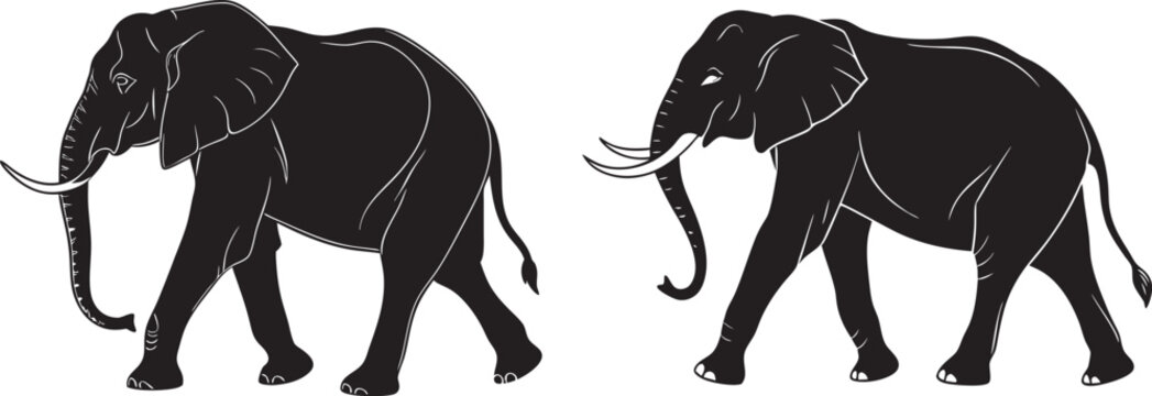black silhouette of an elephant walking, side view, safari animal, simple clean vector, isolated on white background 