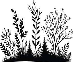 Tree, bushes & Foliage black silhouette vector illustration on isolated white background