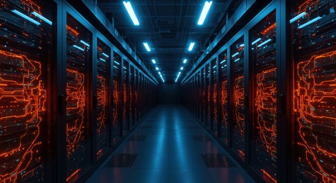 Futuristic server room with glowing orange circuits and cool blue lighting creating a high tech data center atmosphere
