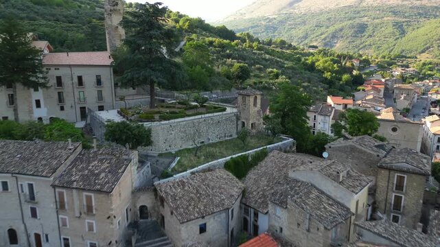 Panoramic aerial drone view of the village of Anversa degli Abruzzi in the province of L'Aquila in Abruzzo. The Gole del Sagittario nature reserve is nearby.