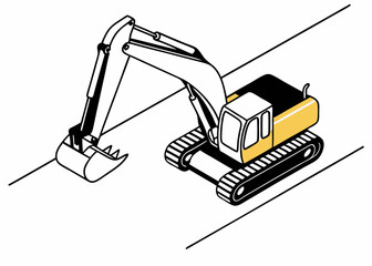 Isometric illustration of a yellow and black excavator machine on a white background with clean lines and a modern design