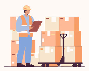 Warehouse worker with clipboard supervising cardboard boxes and pallet truck delivering products for shipping