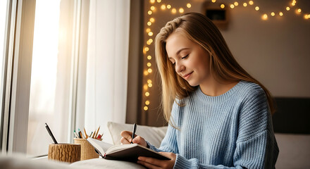Naklejka premium Woman Writing in Notebook by Window: Cozy Interior Scene with Soft Lighting and Relaxing Ambience.