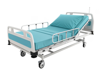 Modern hospital bed with adjustable features and clean blue bedding isolated on transparent background
