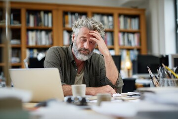 Frustrated middle aged man with gray hair sitting at a desk cluttered with papers while working on a laptop in a cozy office setting during working hours
