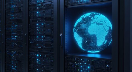 Futuristic server room showcases glowing digital earth data center technology and global connectivity