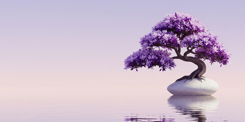 Violet Bonsai Reflected in Still Water with Soft Blush and Lavender Background