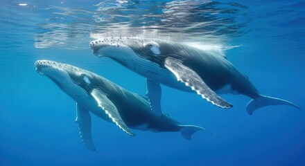 Two humpback whales swimming in clear blue ocean water near the surface marine life