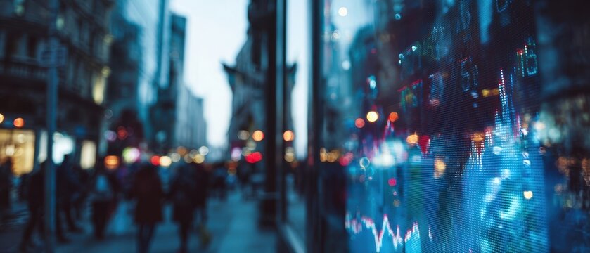 The shimmering digital screen reflects city life and financial market trends.
