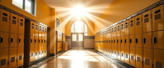 Bright sunbeams stream through windows illuminating a cheerful school hallway's tiled floor and lockers, education, shiny