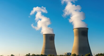 Two large concrete cooling towers emitting white steam against a clear blue sky nuclear power plant smoke