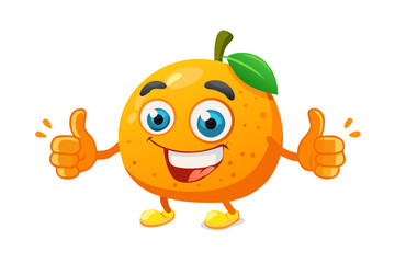 Obraz premium Cheerful orange fruit with happy facial expression, thumbs up gesture. Cute cartoon character, 3D rendering, fun design for kids. Yellow, orange colors, white background. Positive emoji for social 
