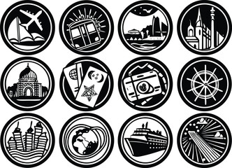 Naklejka premium Retro Travel Postcards & Passport Stamps – Mid-Century Explorer Set