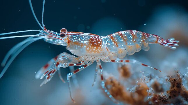 Marine Marvel: A close-up look into the exquisite details of a vibrant shrimp in its natural underwater world. The image reveals the intricate patterns and delicate features of the marine creature.