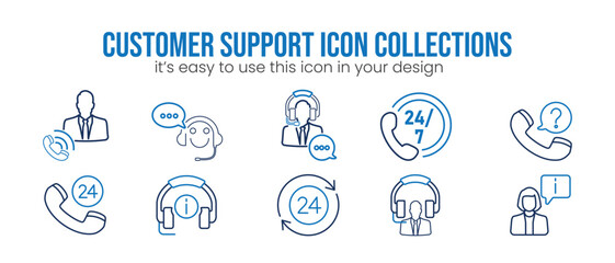 Customer Support & Call Center Vector Icons – Help Desk, Technical Support, Live Chat, Customer Care, Hotline Service, Call Center Agents, Contact Us Icons, Communication Support Symbols.