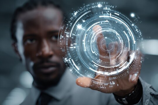 African American businessman interacts with digital interface in modern office setting during a daytime meeting focused on innovative technology solutions